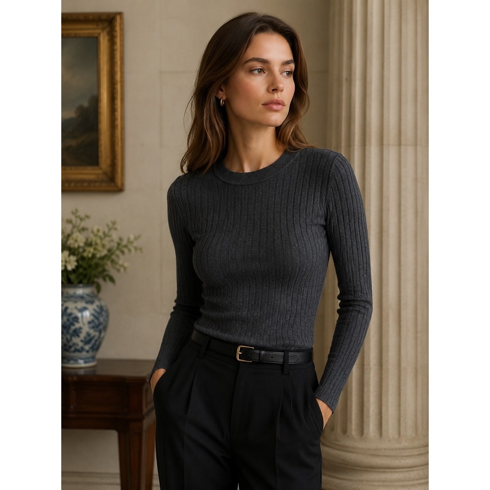 Quince Cotton Cashmere Ribbed Sweater M Heather Charcoal Quit Luxury Minimalist